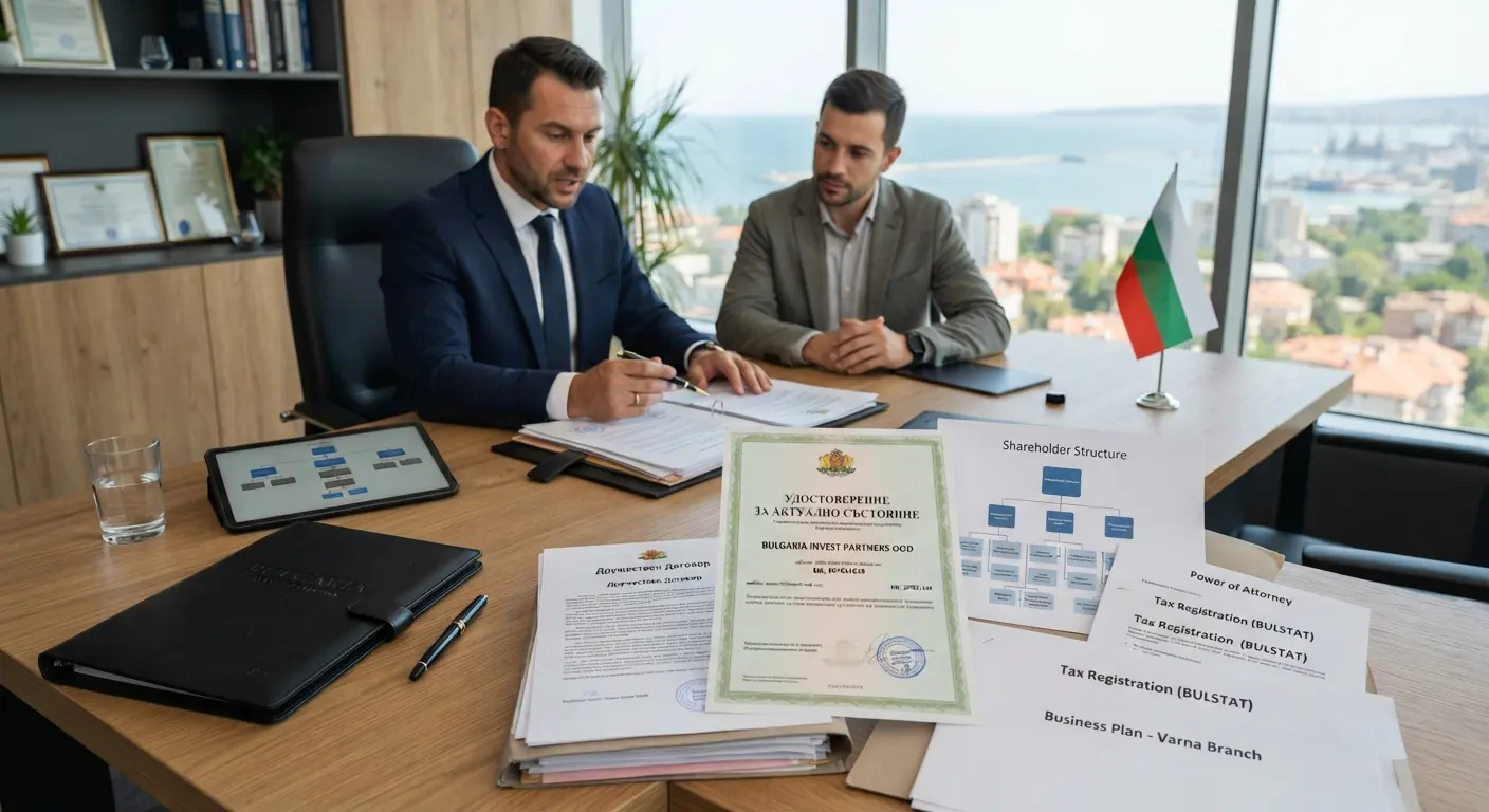 Professional advisors reviewing company formation documents in a modern office.
