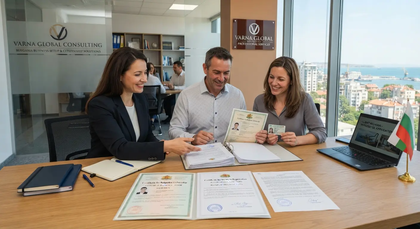 Professionals reviewing documentation in a bright modern office workspace.