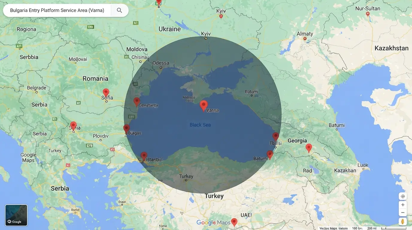 Map graphic illustrating the service region and coverage areas for Bulgaria Entry Platform.